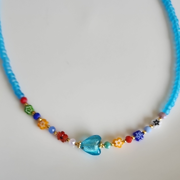 Colorful Beaded Necklace with Heart Pendant - Picture 3 of 3